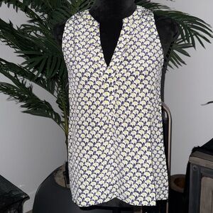 Joie Navy and Yellow Abstract Print Silk Top Small